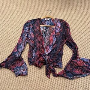 Purple and Blue Bell Sleeve Tie Front Blouse
